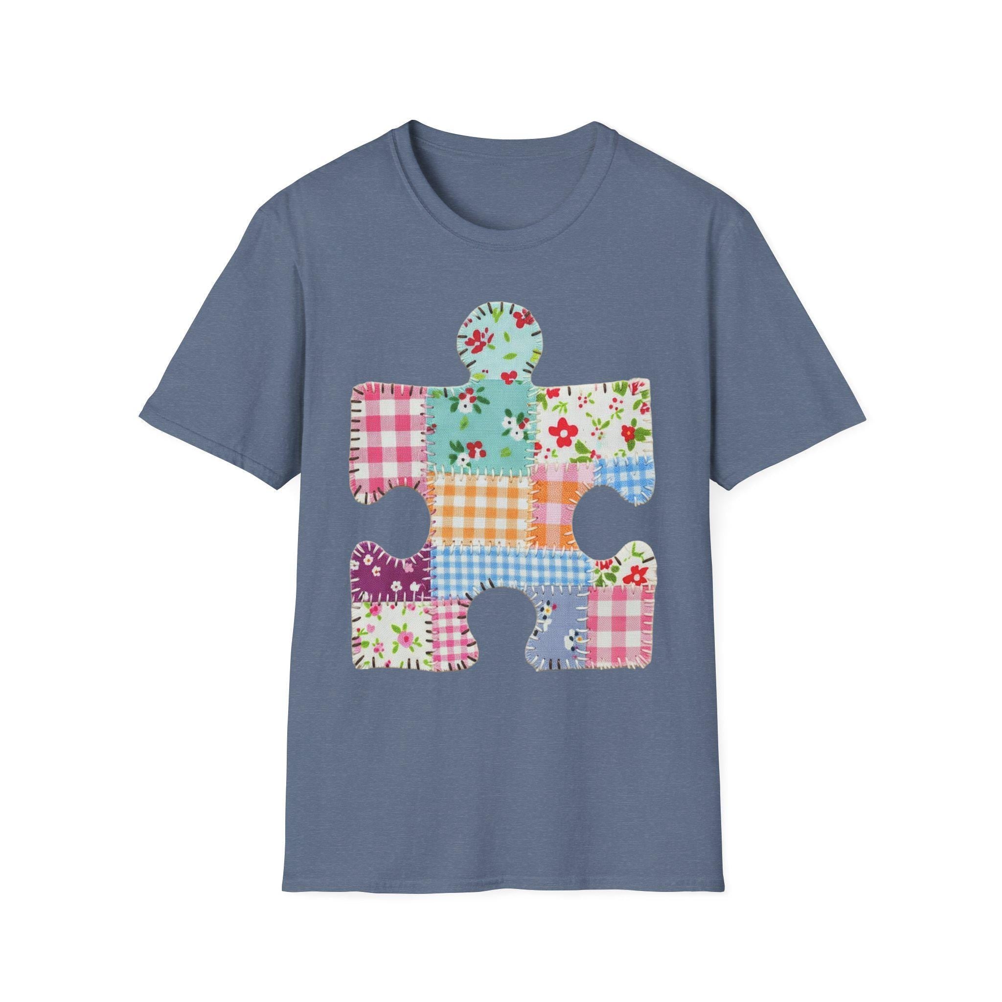 Patchwork Floral Puzzle Piece T-Shirt | Autism Awareness, Quilted Plaid Design