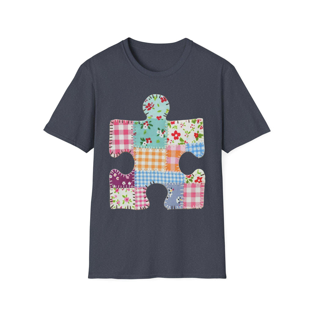 Patchwork Floral Puzzle Piece T-Shirt | Autism Awareness, Quilted Plaid Design
