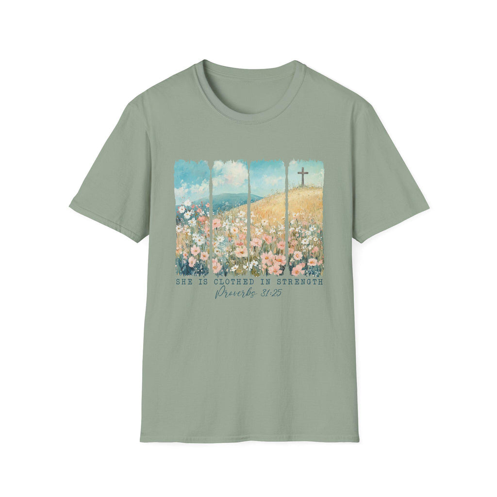 Scripture Floral Cross T-Shirt | Proverbs 31:25 faith tee, spring floral design