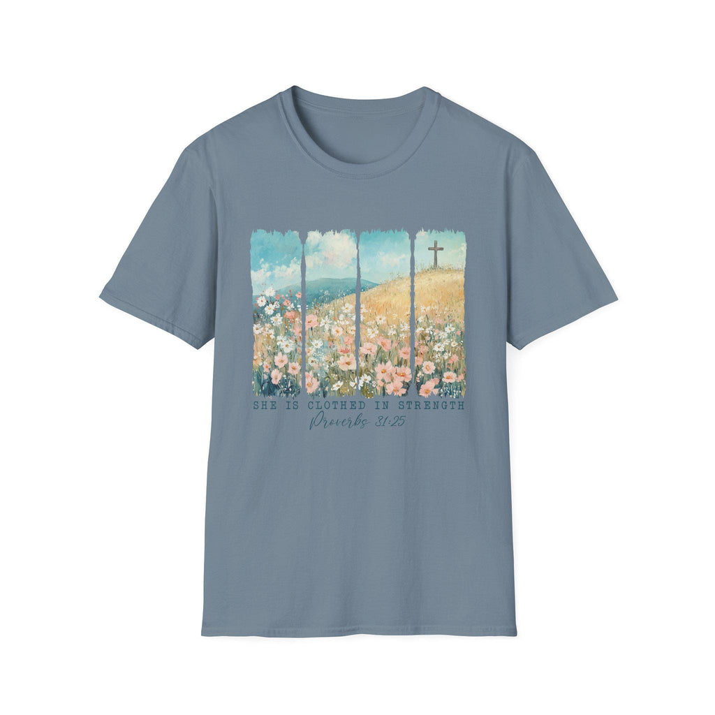 Scripture Floral Cross T-Shirt | Proverbs 31:25 faith tee, spring floral design