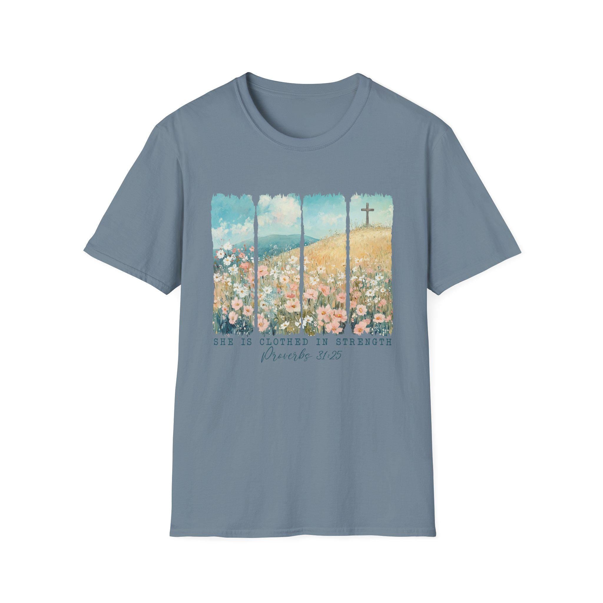 Scripture Floral Cross T-Shirt | Proverbs 31:25 faith tee, spring floral design