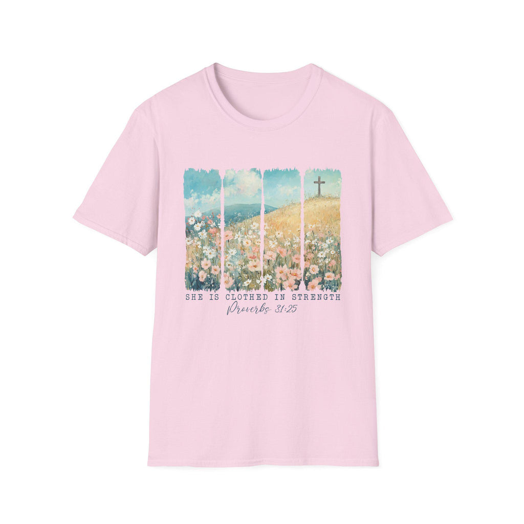 Scripture Floral Cross T-Shirt | Proverbs 31:25 faith tee, spring floral design