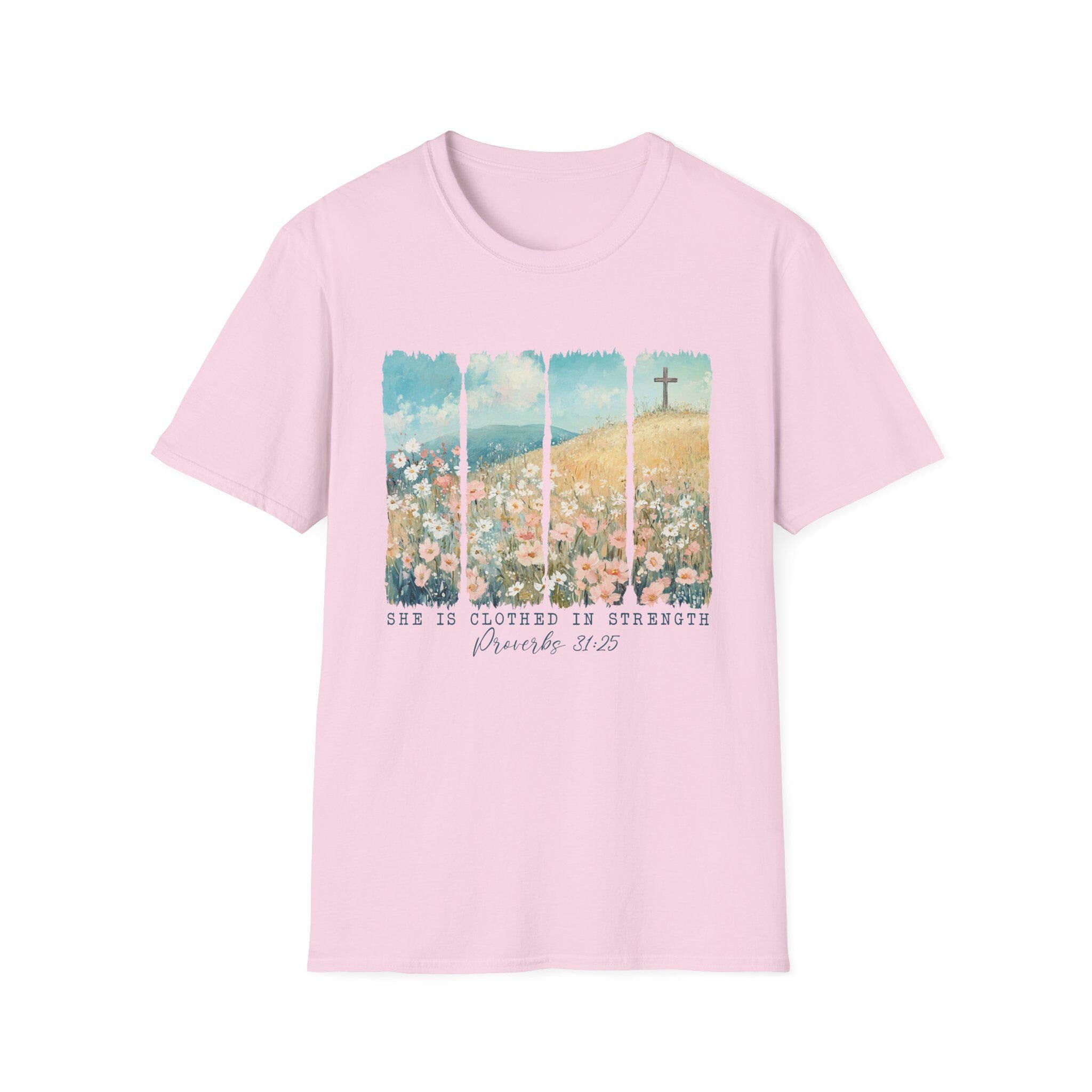 Scripture Floral Cross T-Shirt | Proverbs 31:25 faith tee, spring floral design