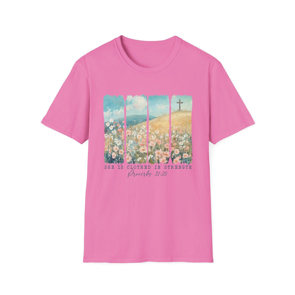 Scripture Floral Cross T-Shirt | Proverbs 31:25 faith tee, spring floral design