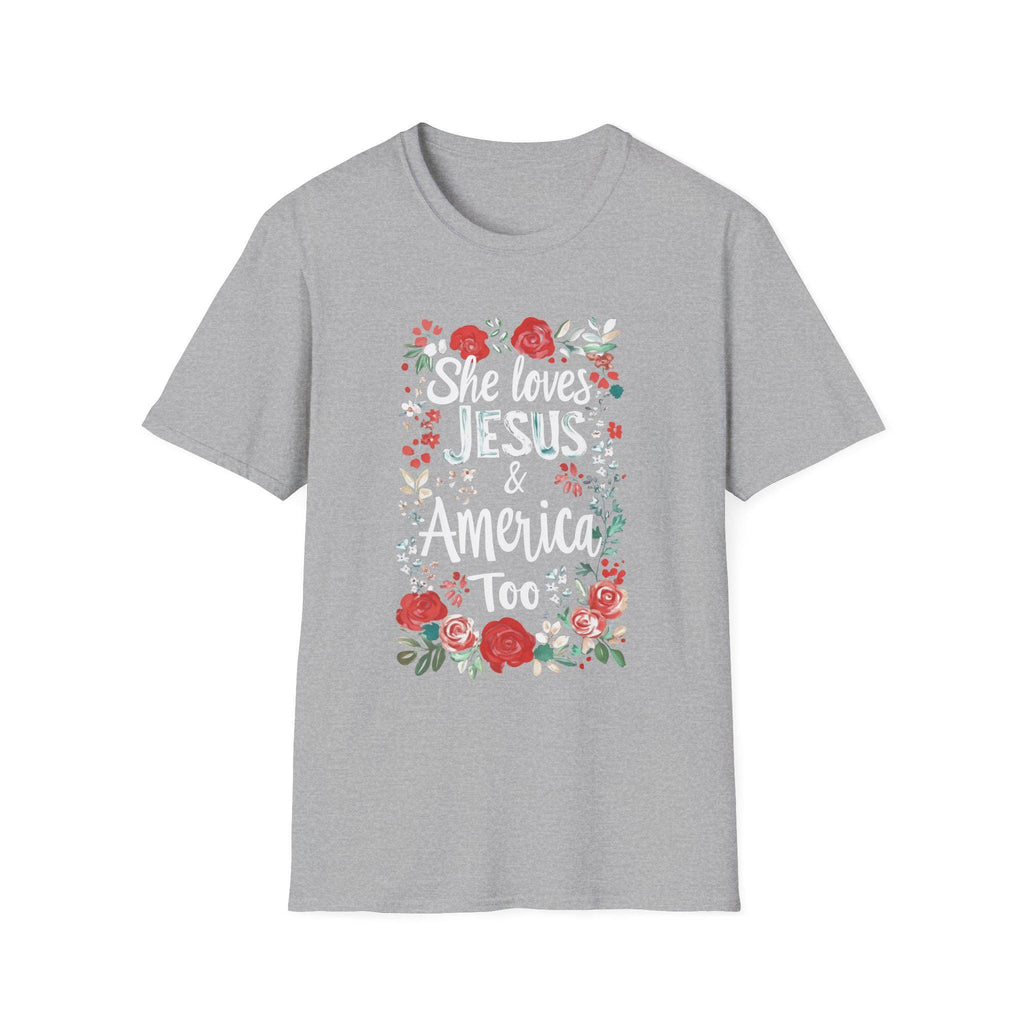 She Loves Jesus & America Too T-Shirt | Floral Patriotic Faith Tee