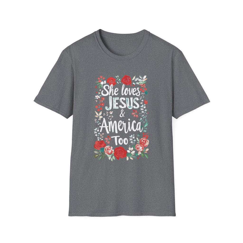 She Loves Jesus & America Too T-Shirt | Floral Patriotic Faith Tee