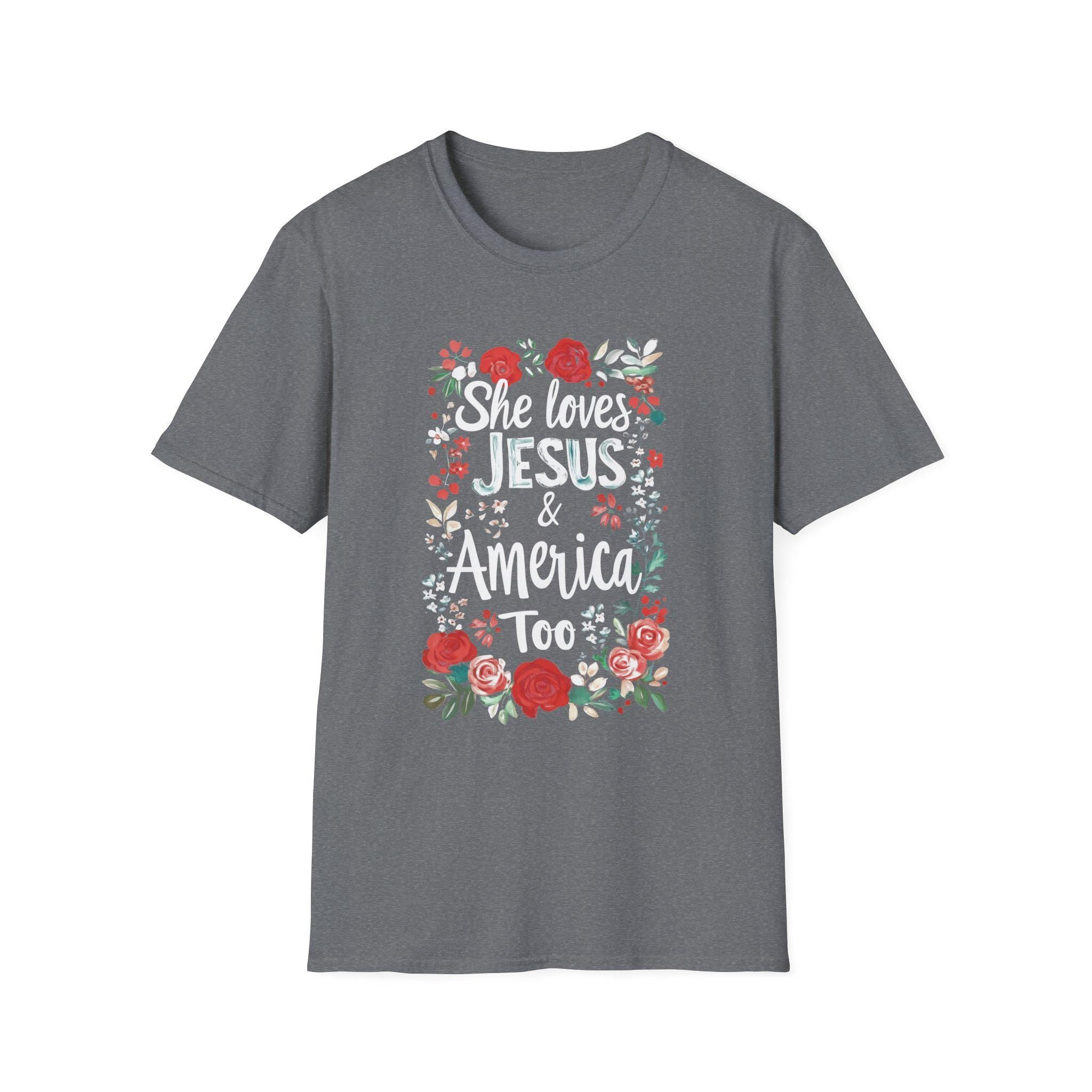 She Loves Jesus & America Too T-Shirt | Floral Patriotic Faith Tee