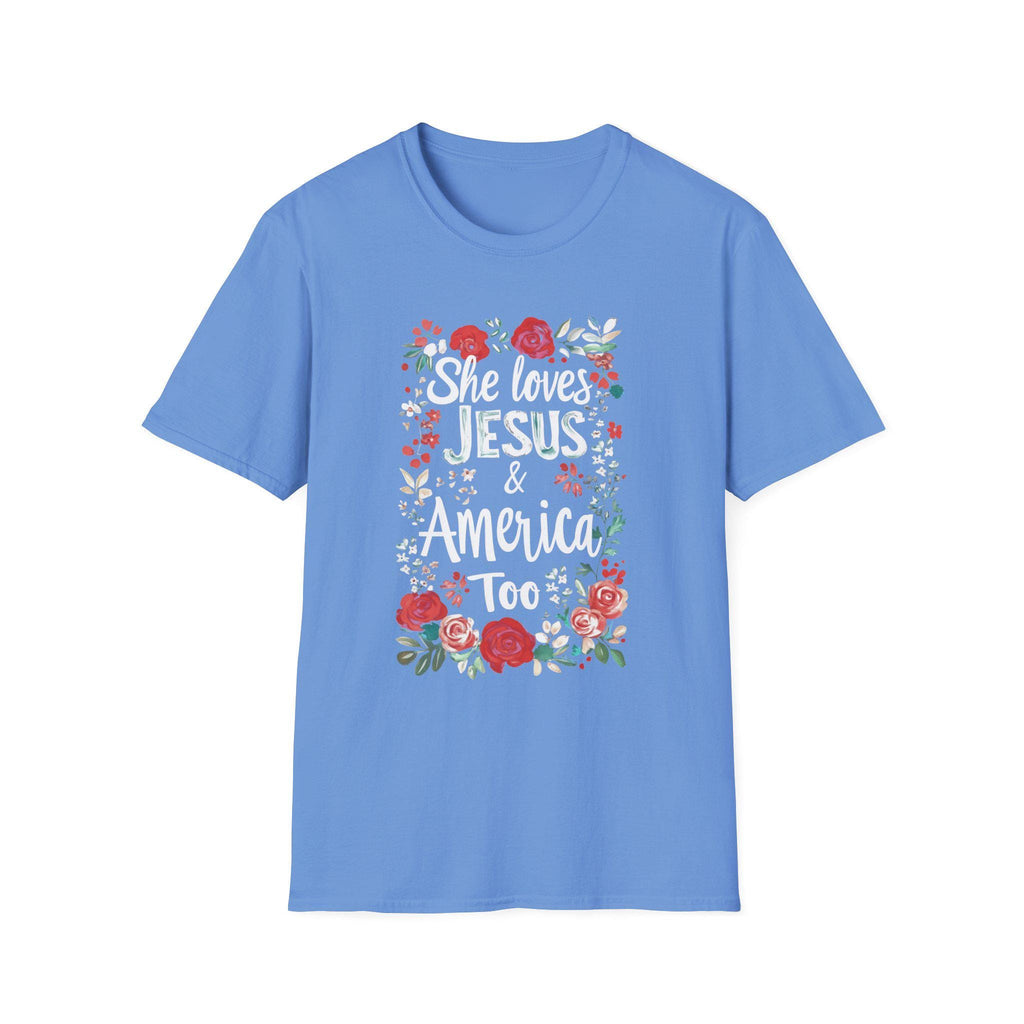 She Loves Jesus & America Too T-Shirt | Floral Patriotic Faith Tee