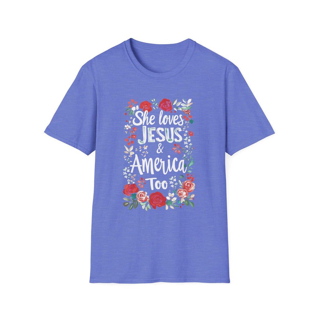 She Loves Jesus & America Too T-Shirt | Floral Patriotic Faith Tee