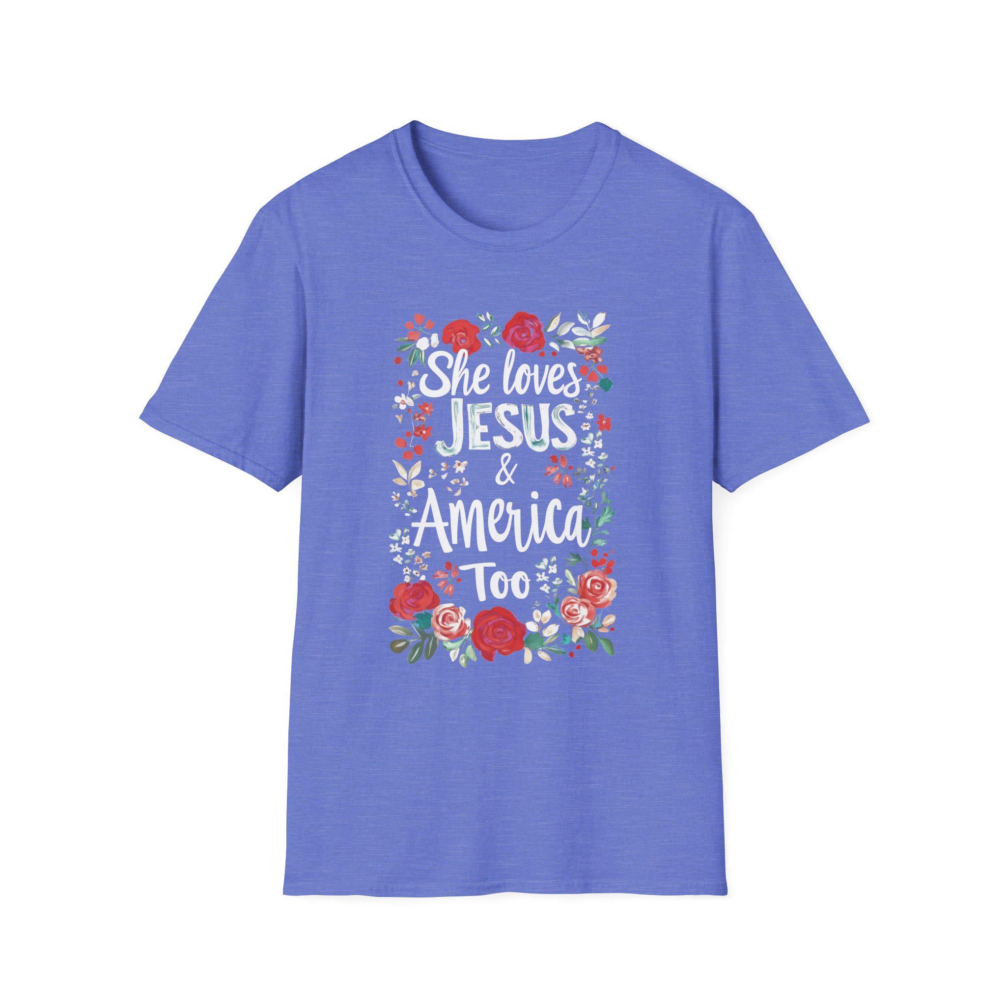 She Loves Jesus & America Too T-Shirt | Floral Patriotic Faith Tee