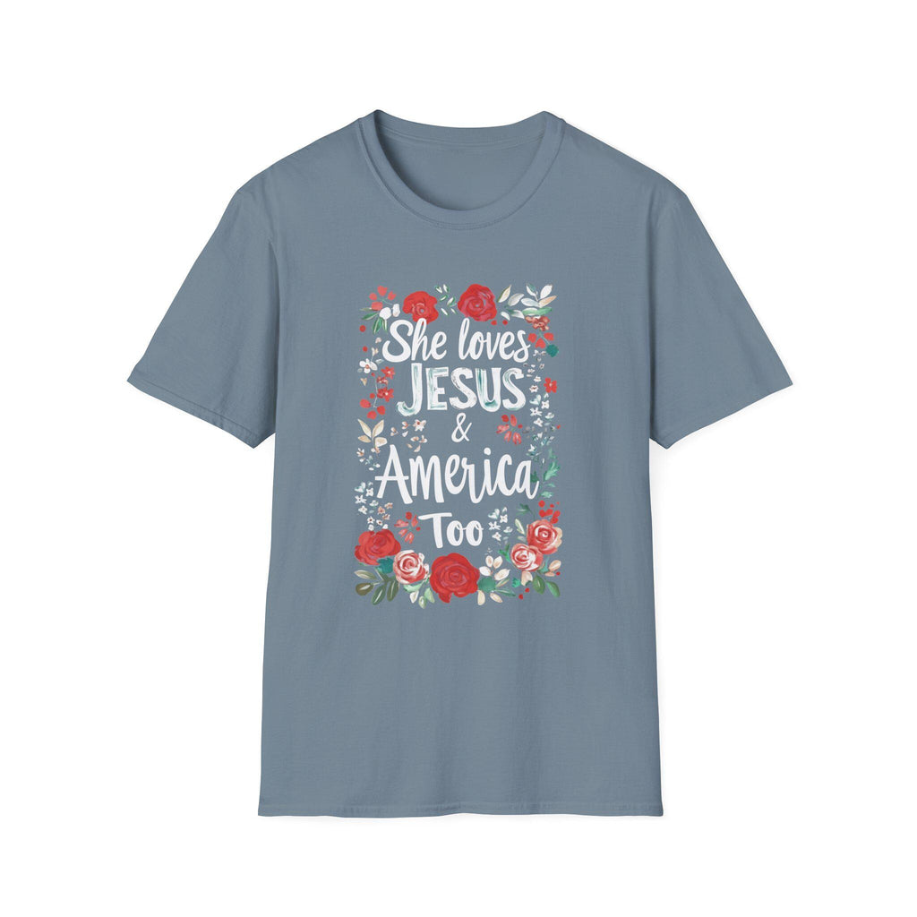She Loves Jesus & America Too T-Shirt | Floral Patriotic Faith Tee
