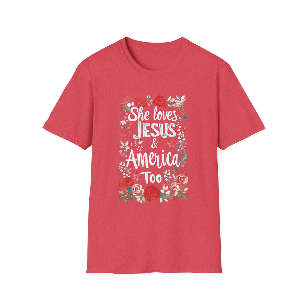 She Loves Jesus & America Too T-Shirt | Floral Patriotic Faith Tee
