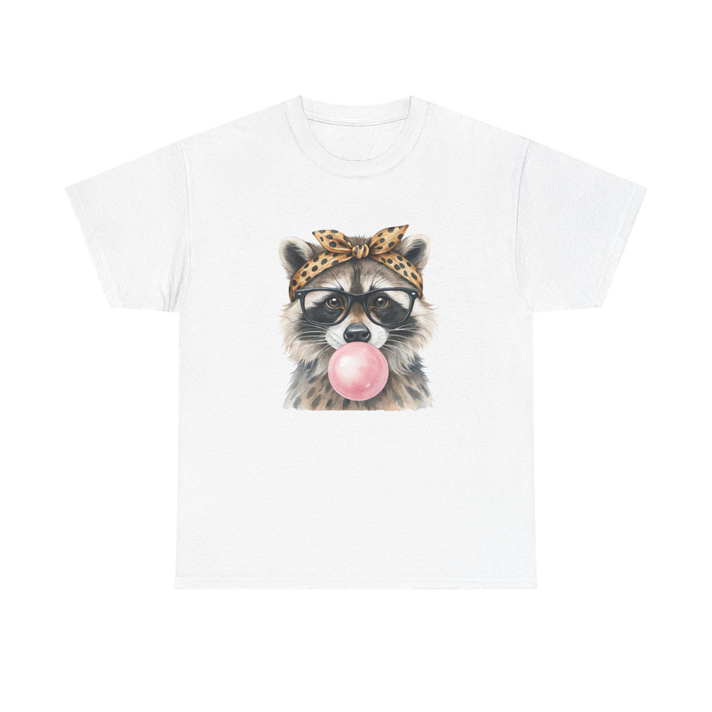 Raccoon Bubblegum Tee | Hand-Drawn Animal Illustration, Leopard Headband, Glasses