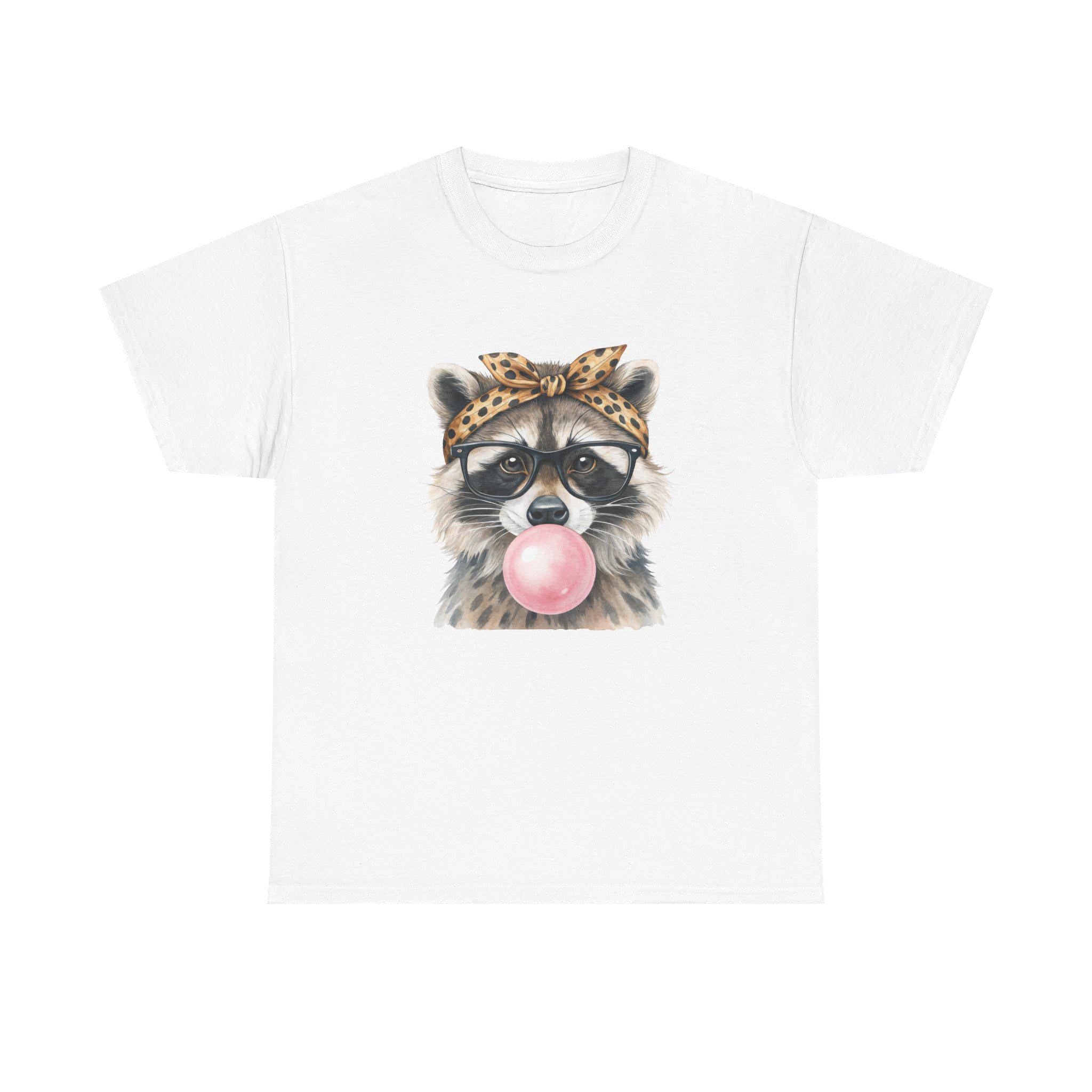 Raccoon Bubblegum Tee | Hand-Drawn Animal Illustration, Leopard Headband, Glasses