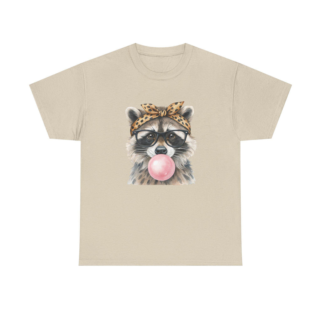 Raccoon Bubblegum Tee | Hand-Drawn Animal Illustration, Leopard Headband, Glasses