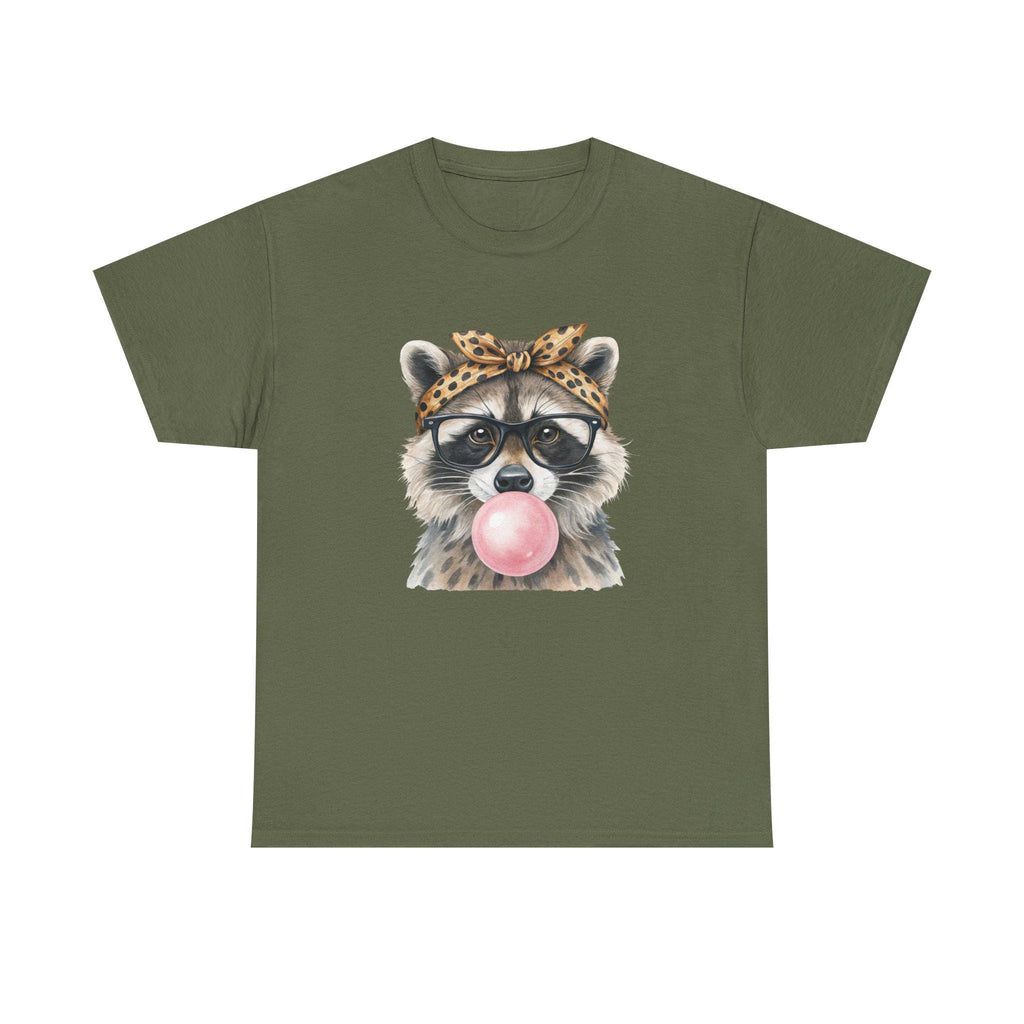 Raccoon Bubblegum Tee | Hand-Drawn Animal Illustration, Leopard Headband, Glasses