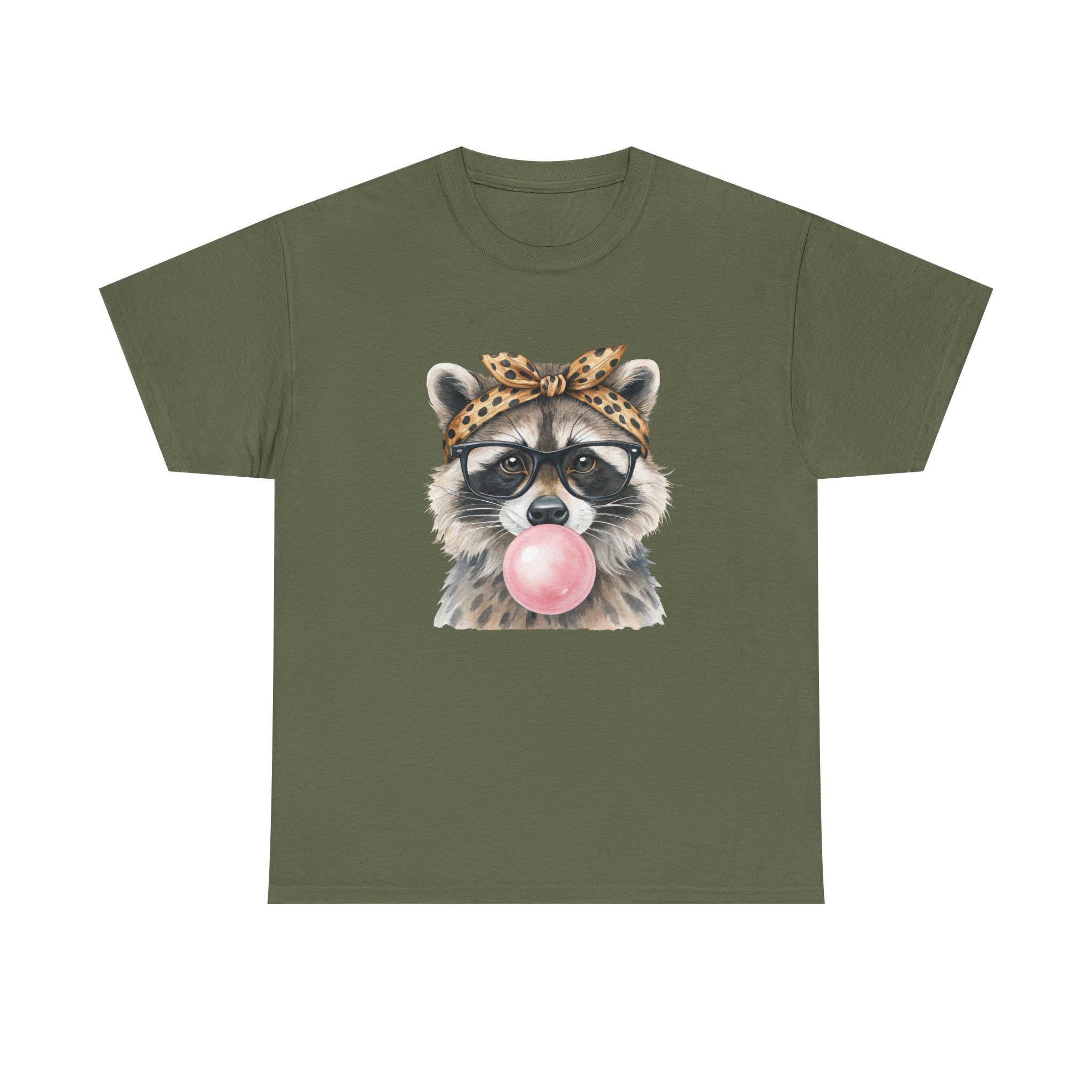 Raccoon Bubblegum Tee | Hand-Drawn Animal Illustration, Leopard Headband, Glasses