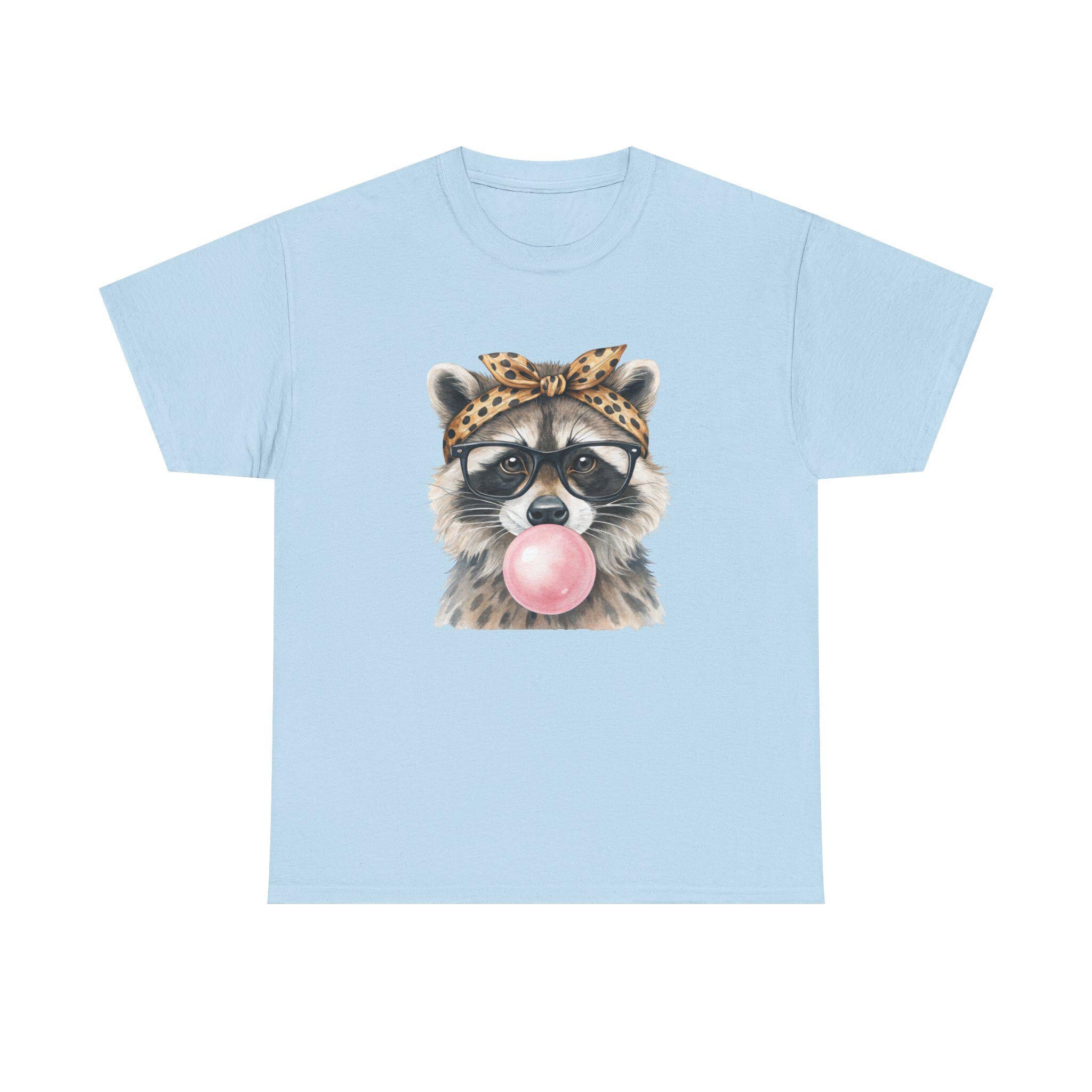 Raccoon Bubblegum Tee | Hand-Drawn Animal Illustration, Leopard Headband, Glasses
