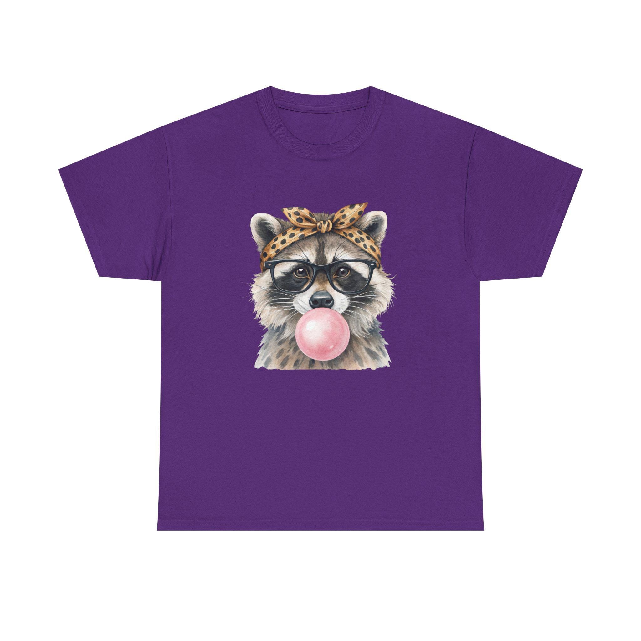 Raccoon Bubblegum Tee | Hand-Drawn Animal Illustration, Leopard Headband, Glasses