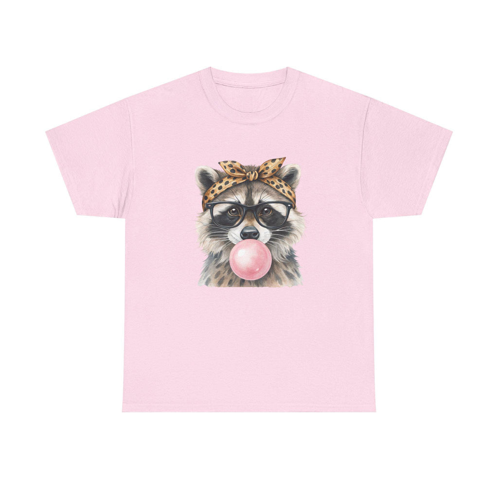 Raccoon Bubblegum Tee | Hand-Drawn Animal Illustration, Leopard Headband, Glasses