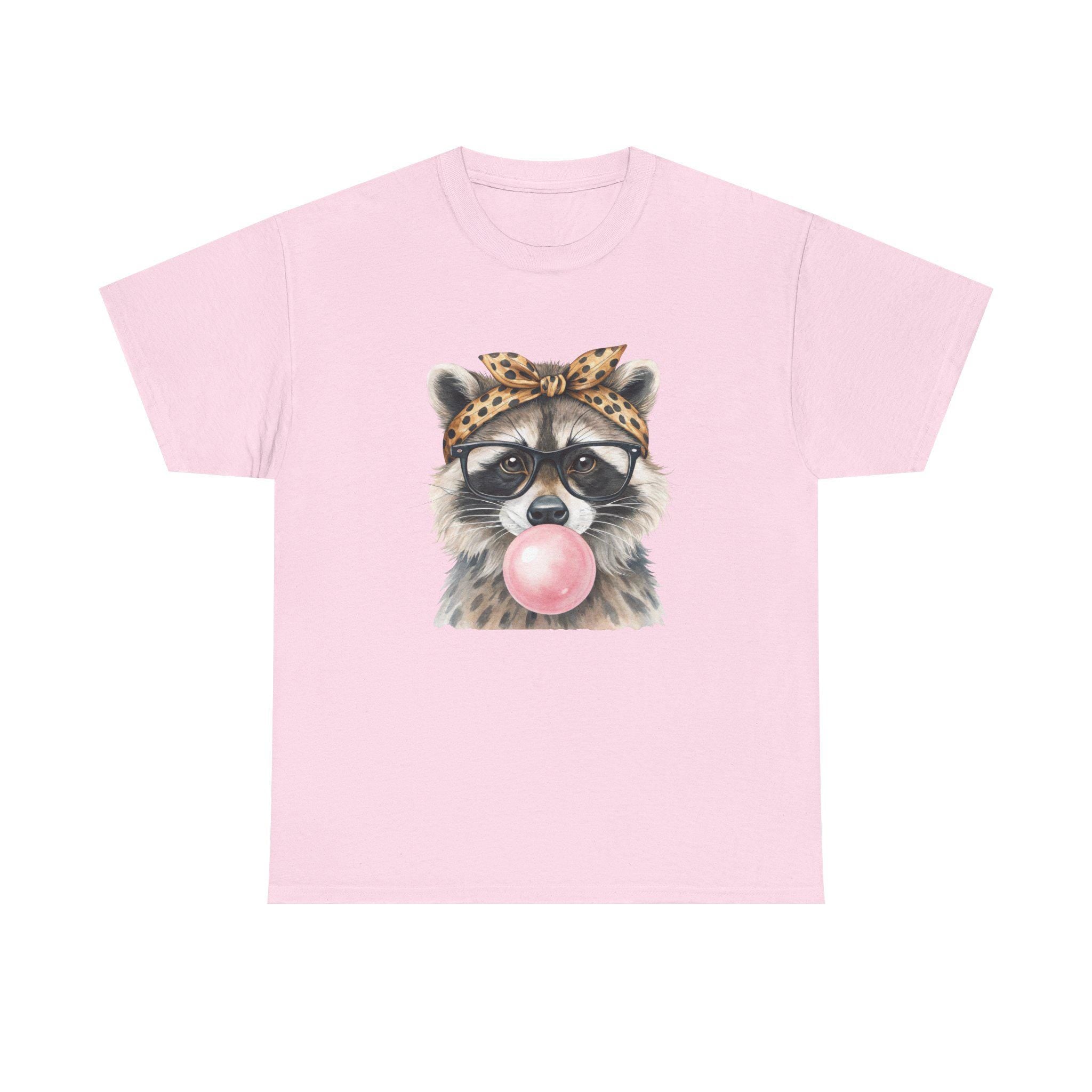 Raccoon Bubblegum Tee | Hand-Drawn Animal Illustration, Leopard Headband, Glasses