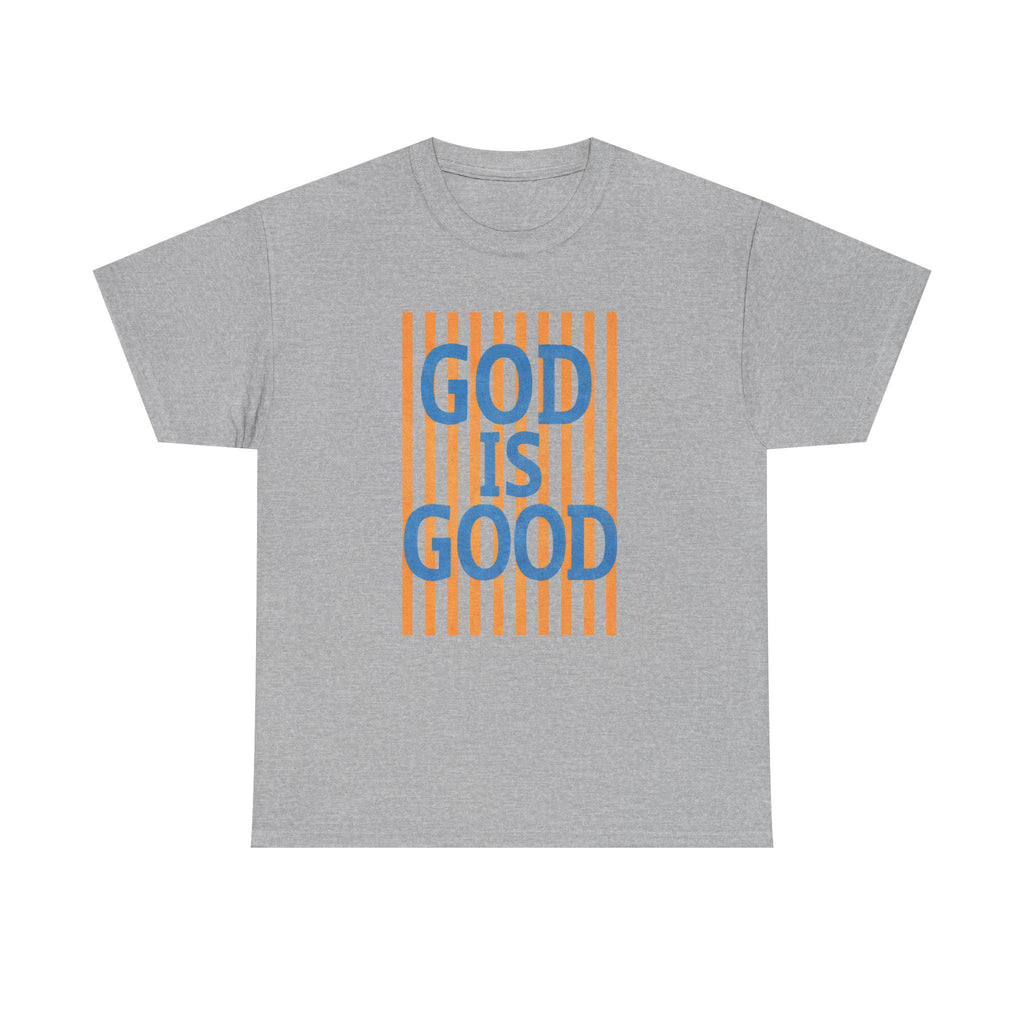 God Is Good T-Shirt | Retro Orange Stripes, Blue Lettering