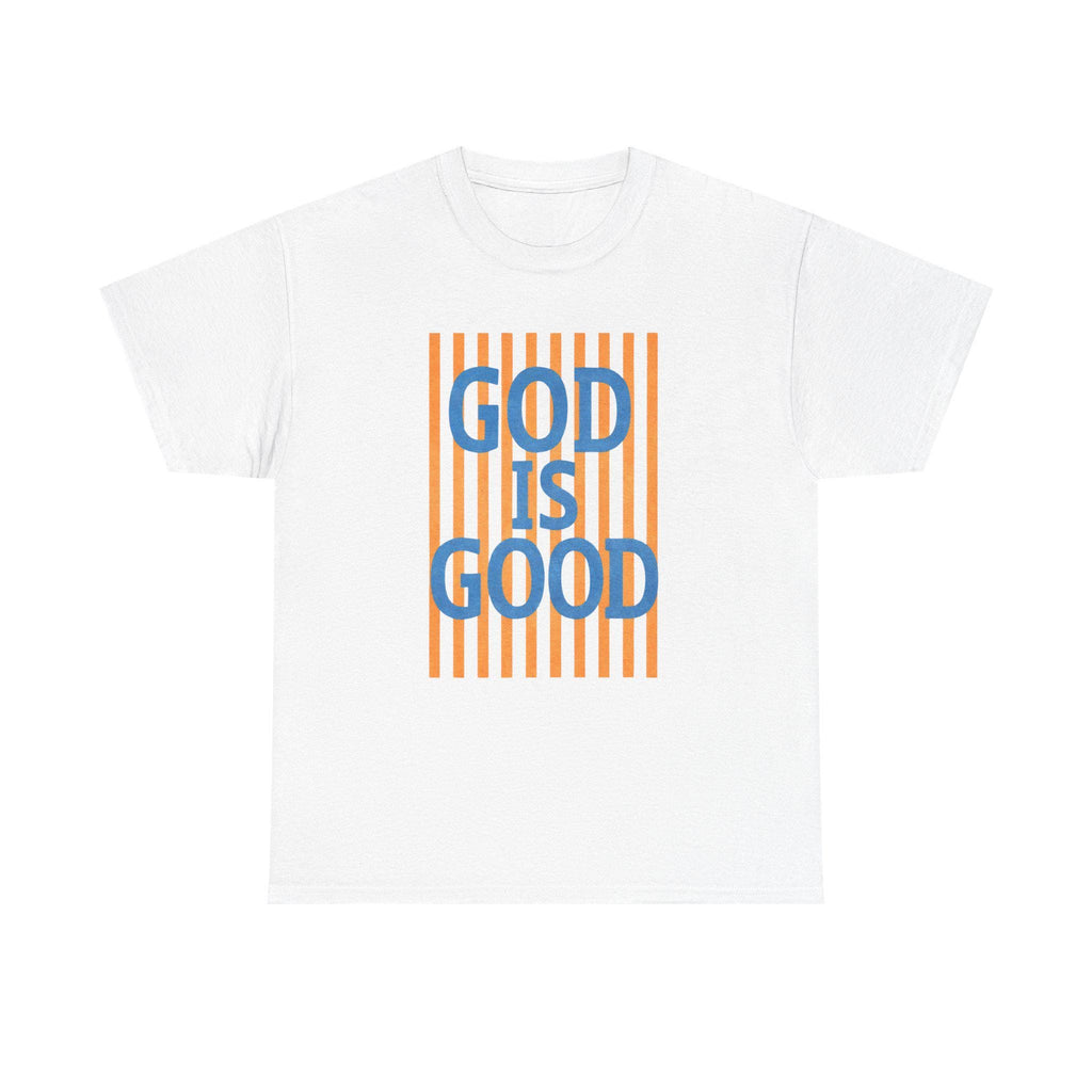 God Is Good T-Shirt | Retro Orange Stripes, Blue Lettering