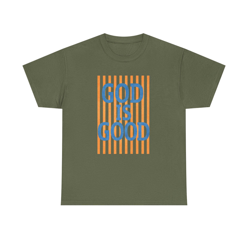 God Is Good T-Shirt | Retro Orange Stripes, Blue Lettering