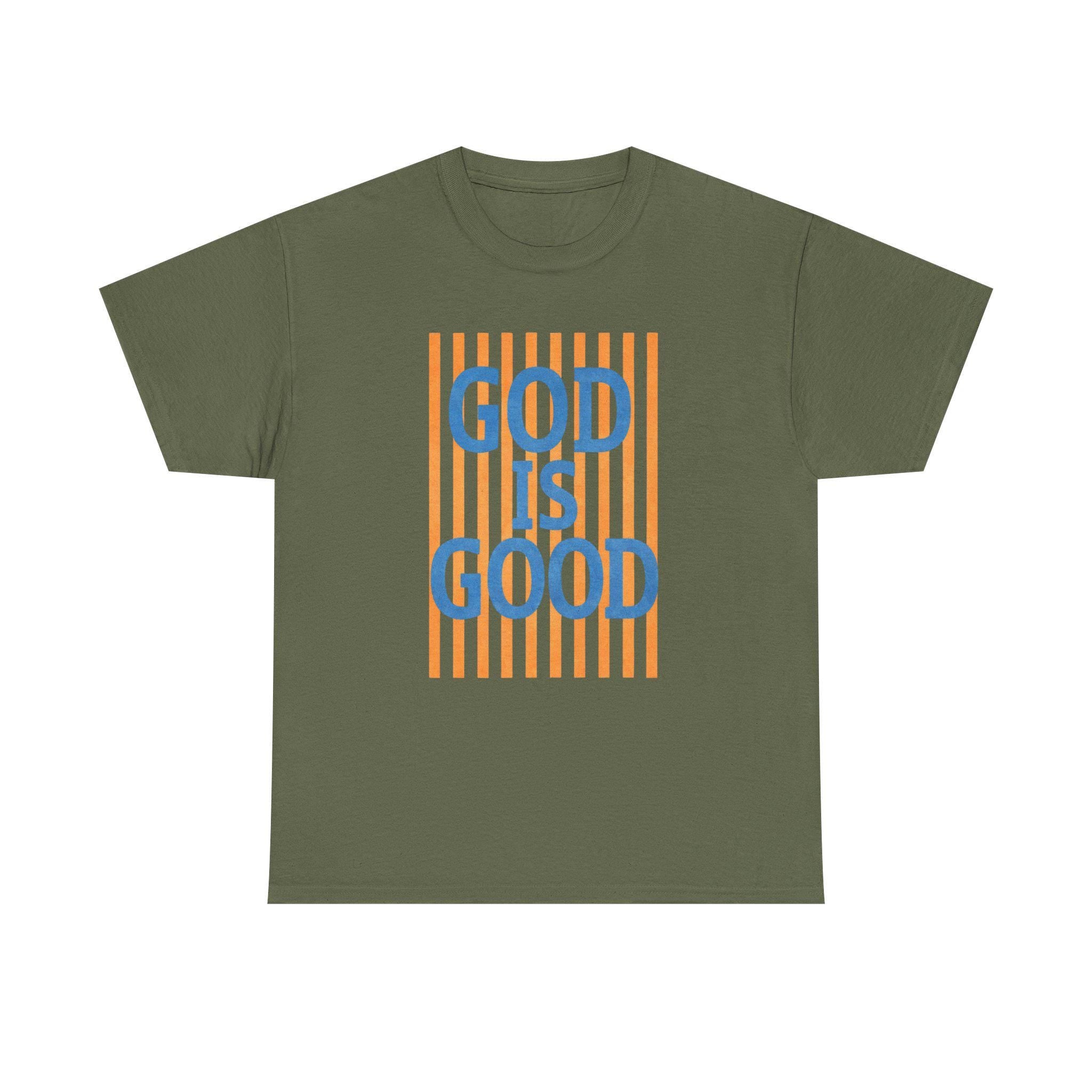 God Is Good T-Shirt | Retro Orange Stripes, Blue Lettering