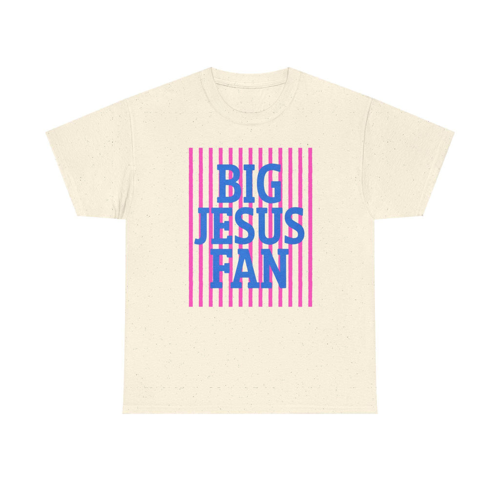 Big Jesus Fan Tee | Blue Text Pink Stripes Christian Faith Shirt