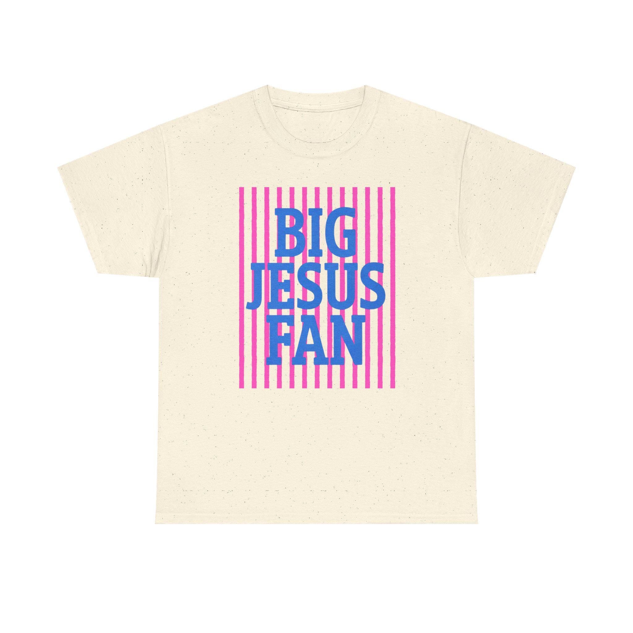 Big Jesus Fan Tee | Blue Text Pink Stripes Christian Faith Shirt