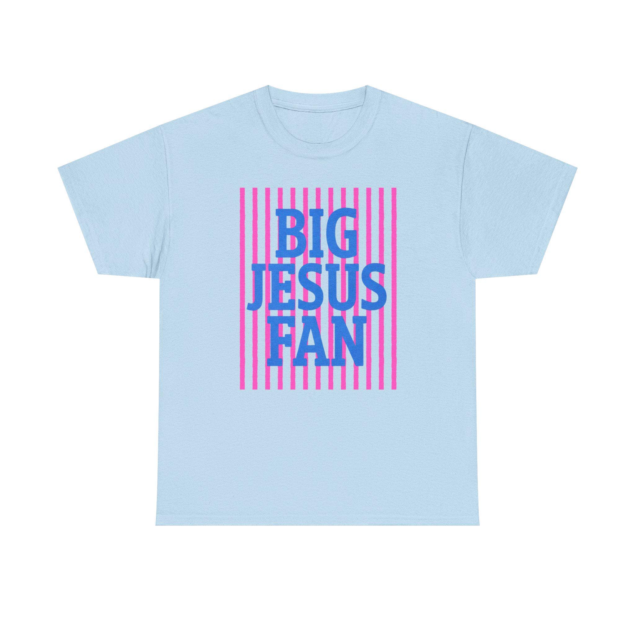 Big Jesus Fan Tee | Blue Text Pink Stripes Christian Faith Shirt