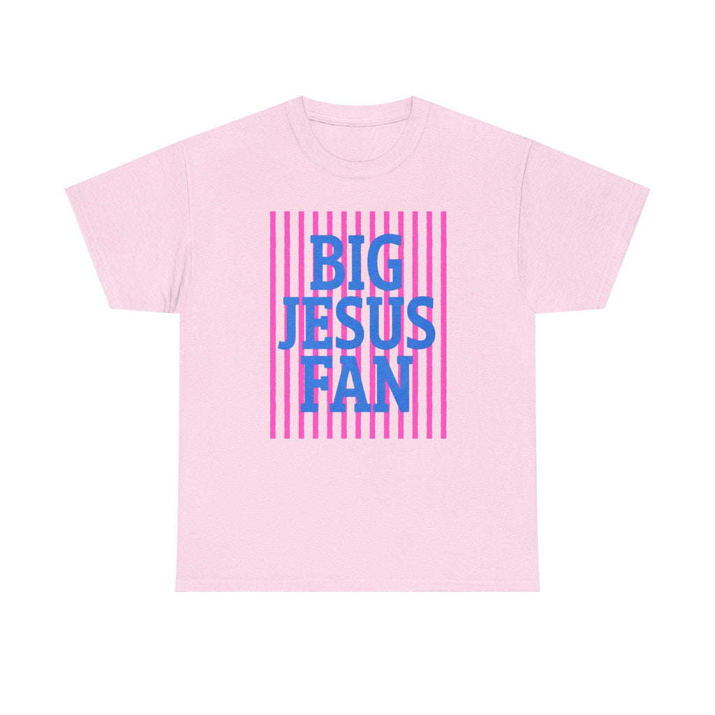 Big Jesus Fan Tee | Blue Text Pink Stripes Christian Faith Shirt