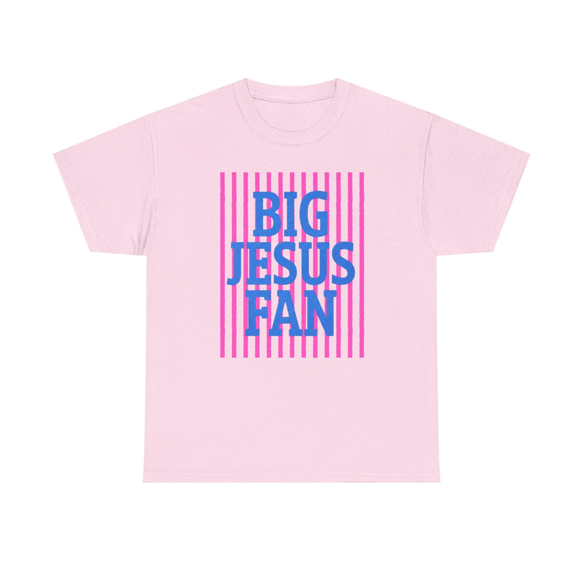 Big Jesus Fan Tee | Blue Text Pink Stripes Christian Faith Shirt