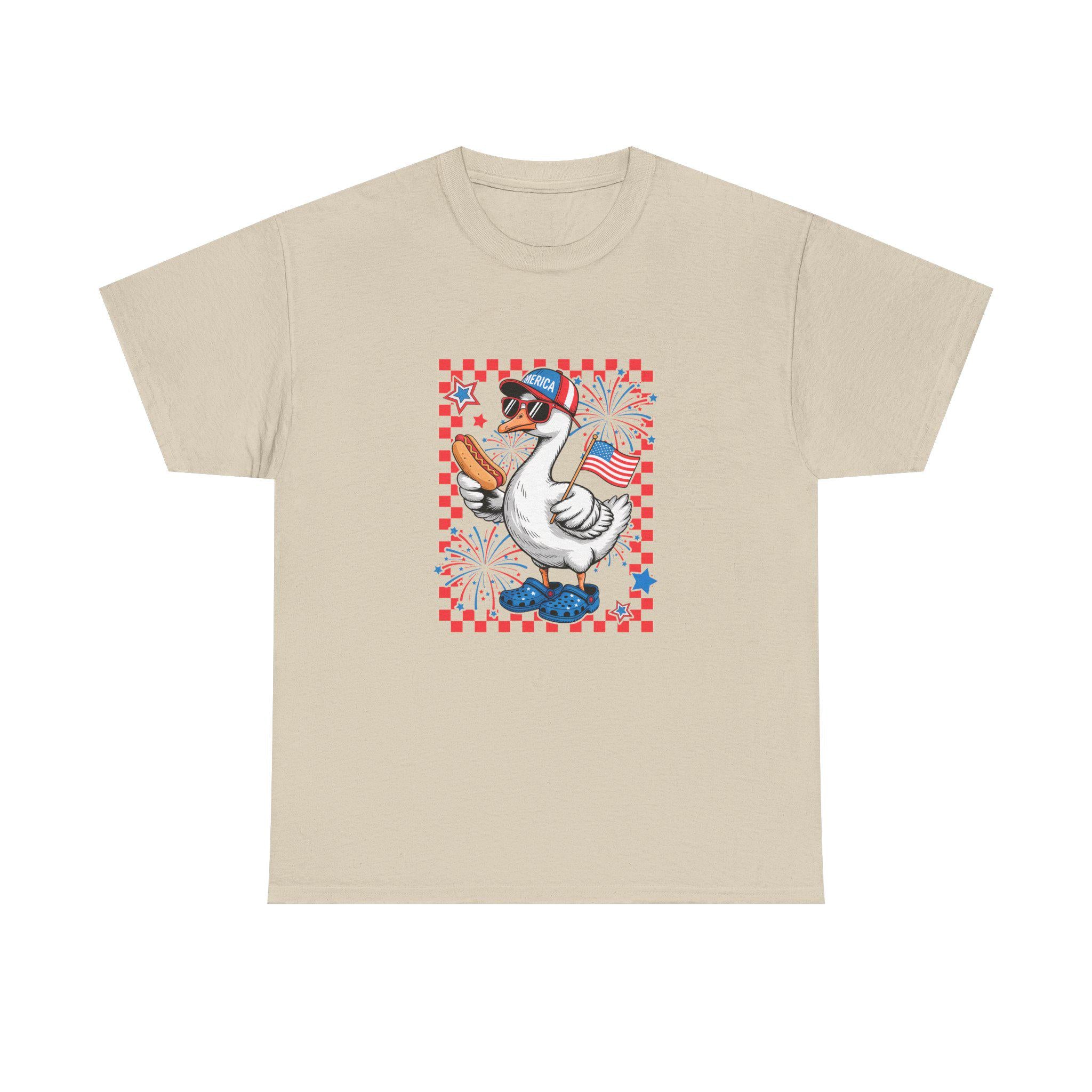 Patriotic Goose Holding Hotdog T-Shirt | American Flag Checkered Design