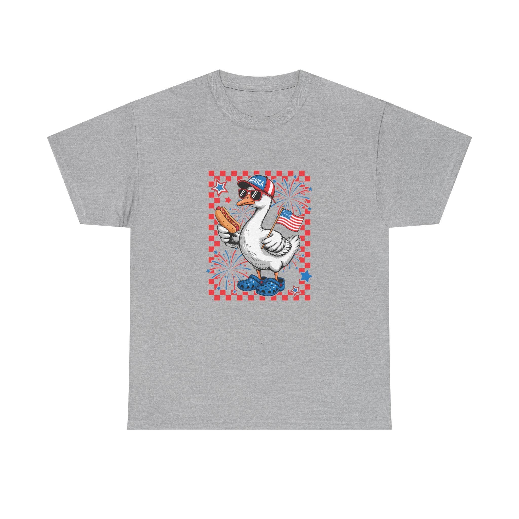 Patriotic Goose Holding Hotdog T-Shirt | American Flag Checkered Design