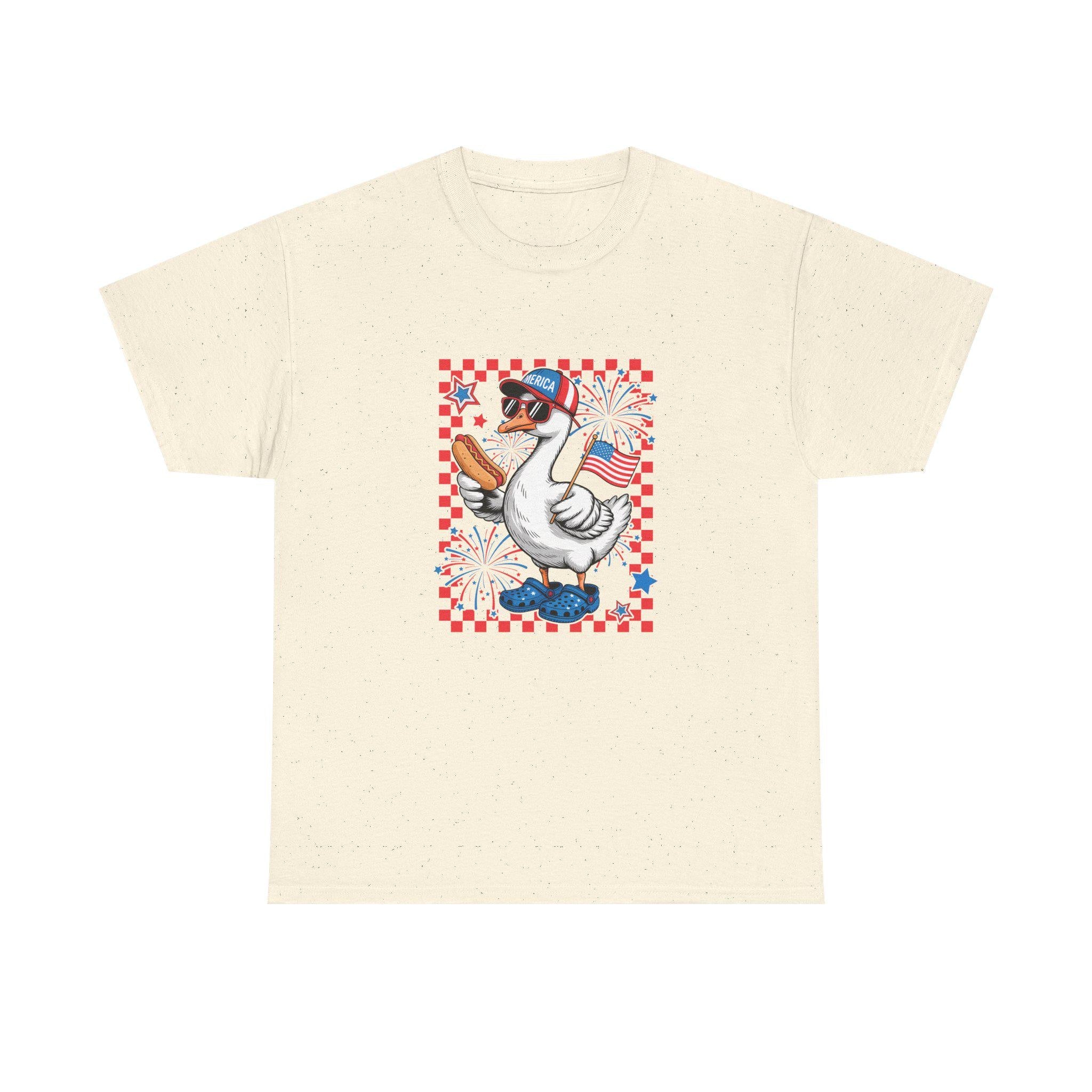Patriotic Goose Holding Hotdog T-Shirt | American Flag Checkered Design