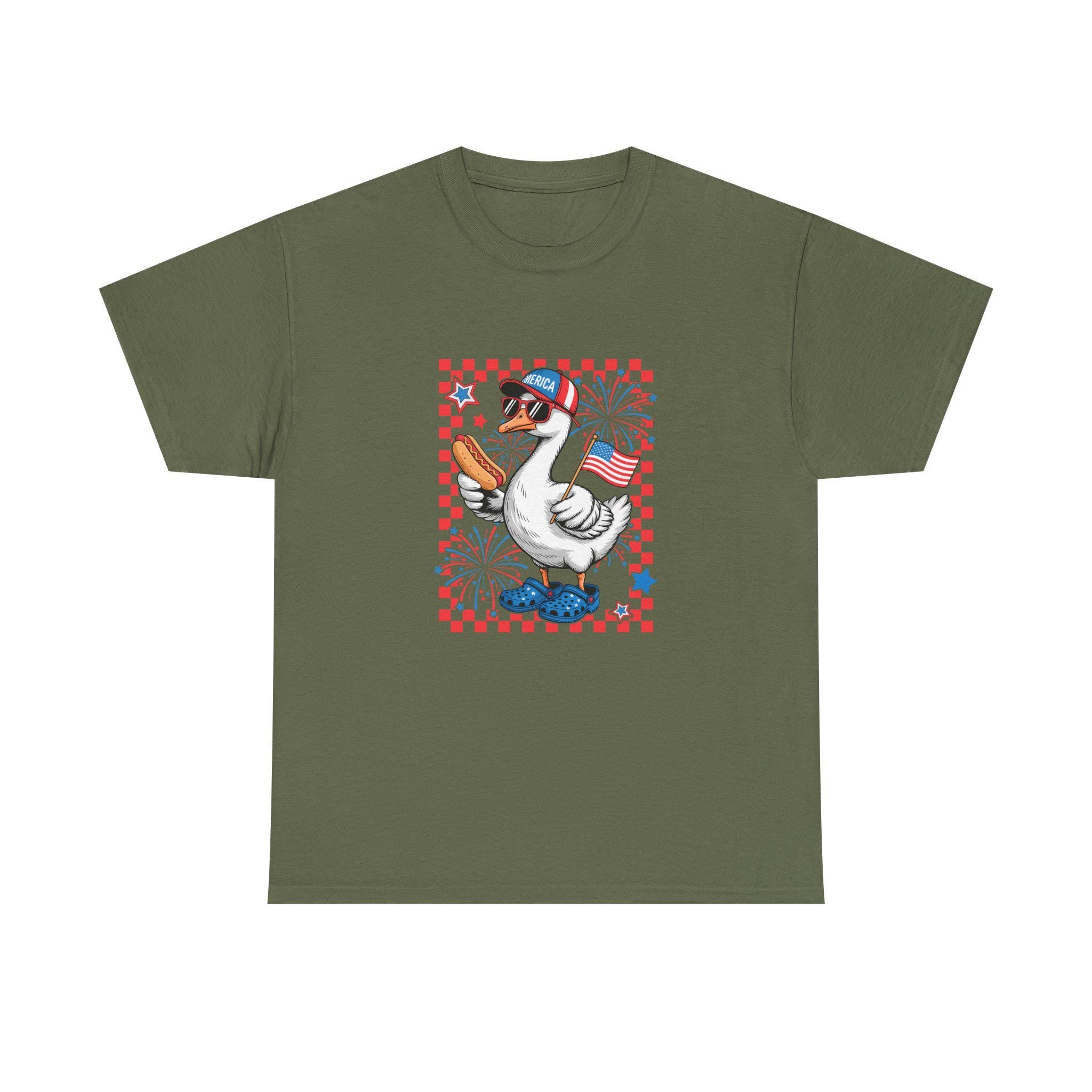 Patriotic Goose Holding Hotdog T-Shirt | American Flag Checkered Design