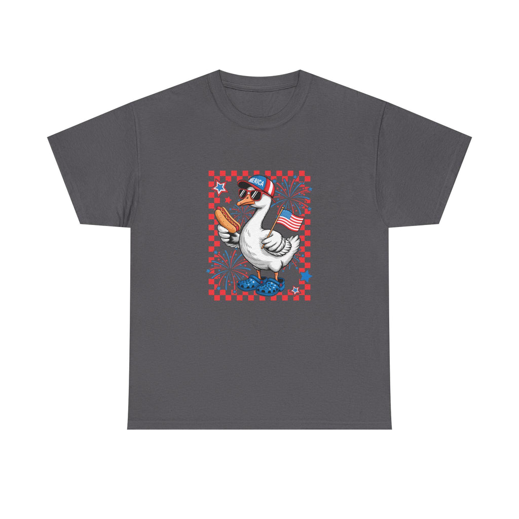 Patriotic Goose Holding Hotdog T-Shirt | American Flag Checkered Design