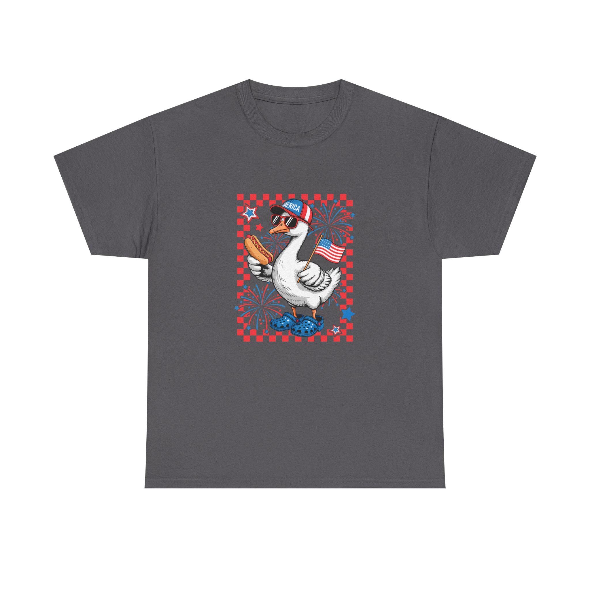 Patriotic Goose Holding Hotdog T-Shirt | American Flag Checkered Design