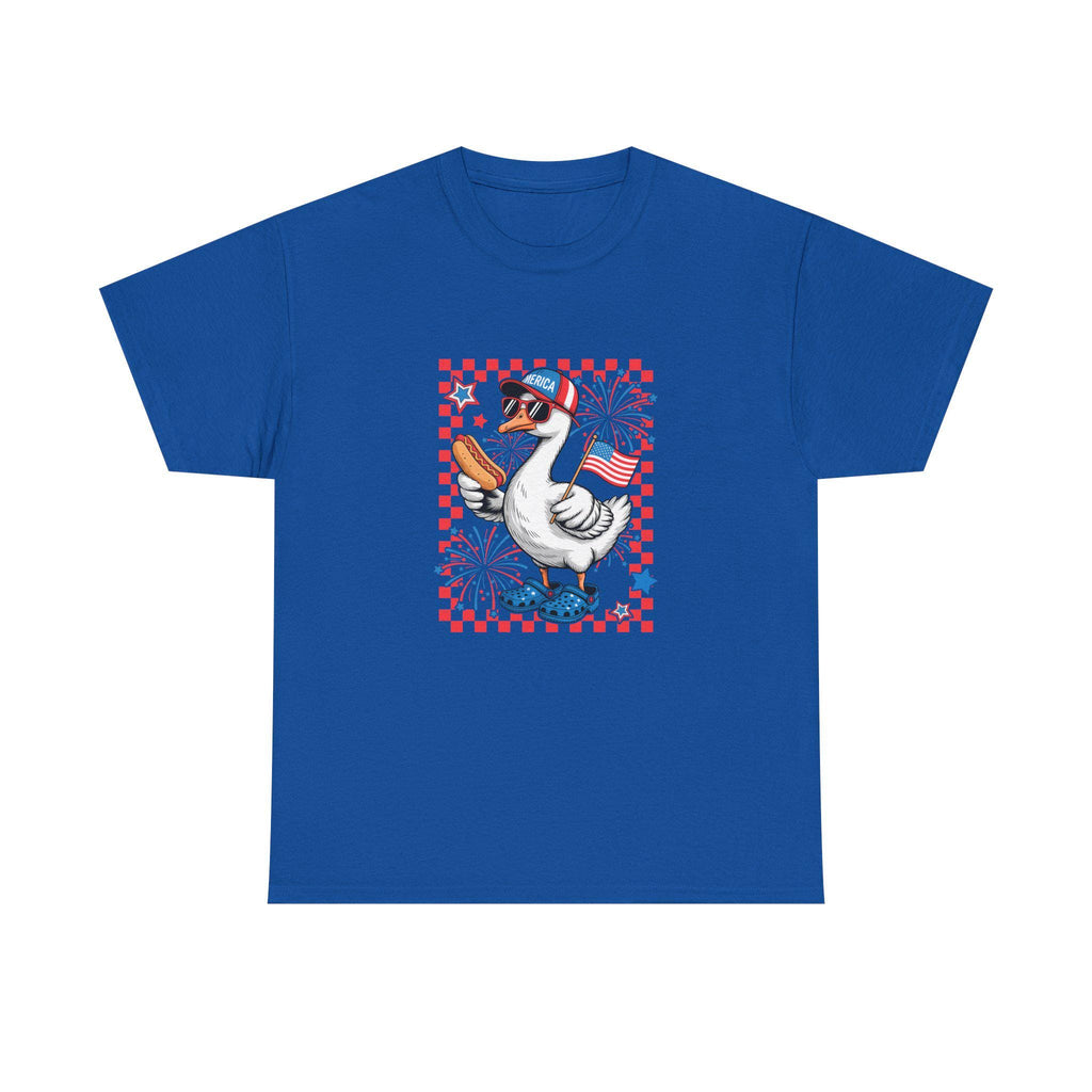 Patriotic Goose Holding Hotdog T-Shirt | American Flag Checkered Design