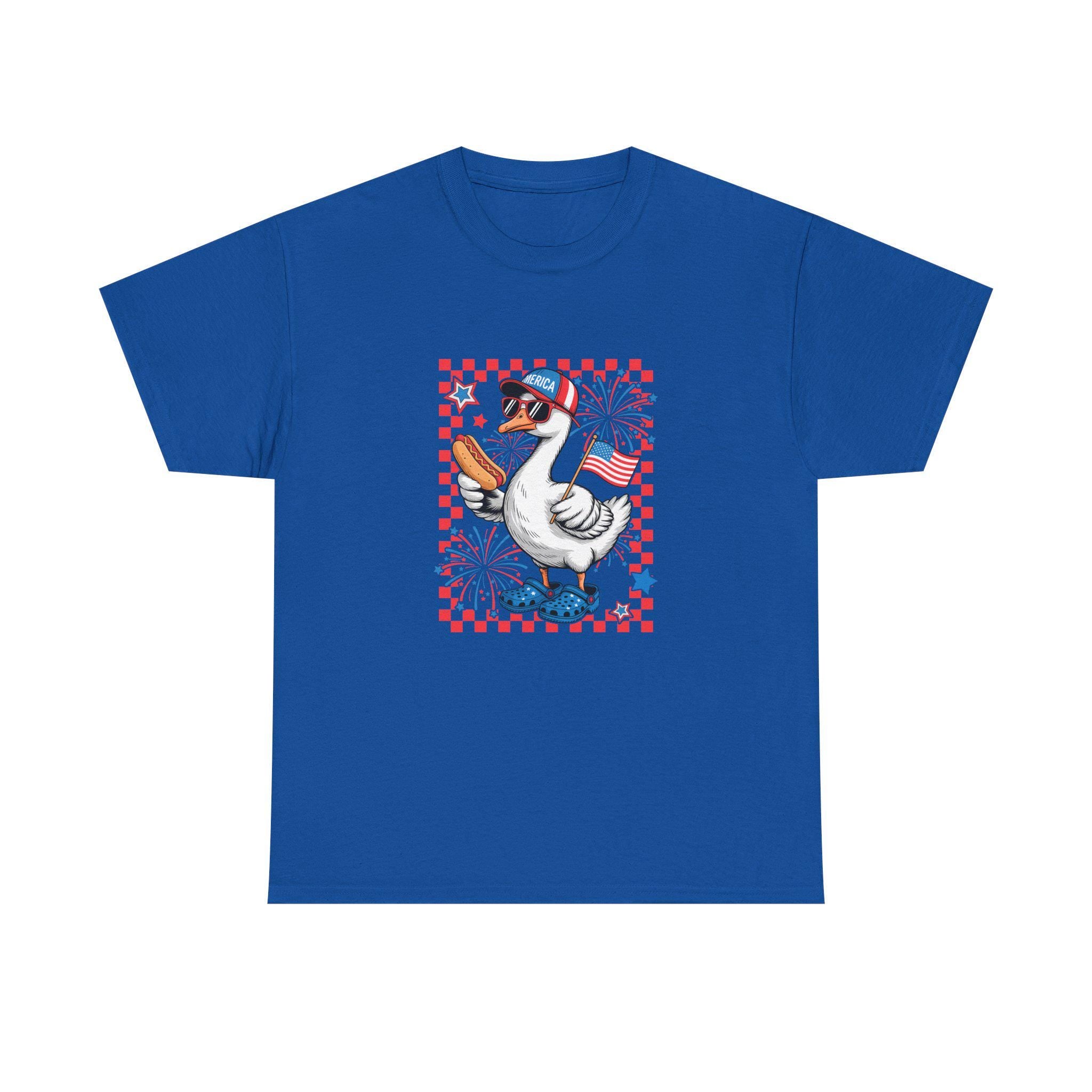 Patriotic Goose Holding Hotdog T-Shirt | American Flag Checkered Design