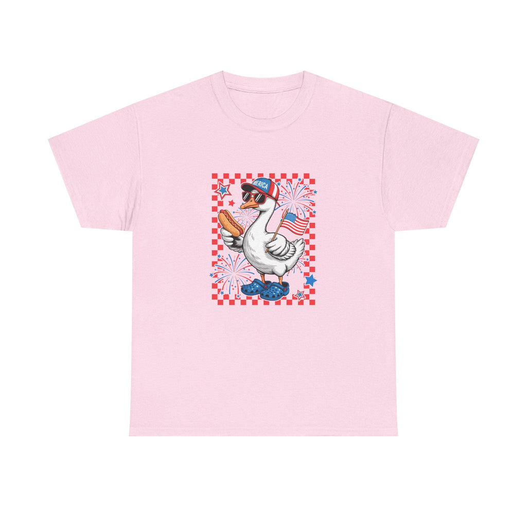 Patriotic Goose Holding Hotdog T-Shirt | American Flag Checkered Design