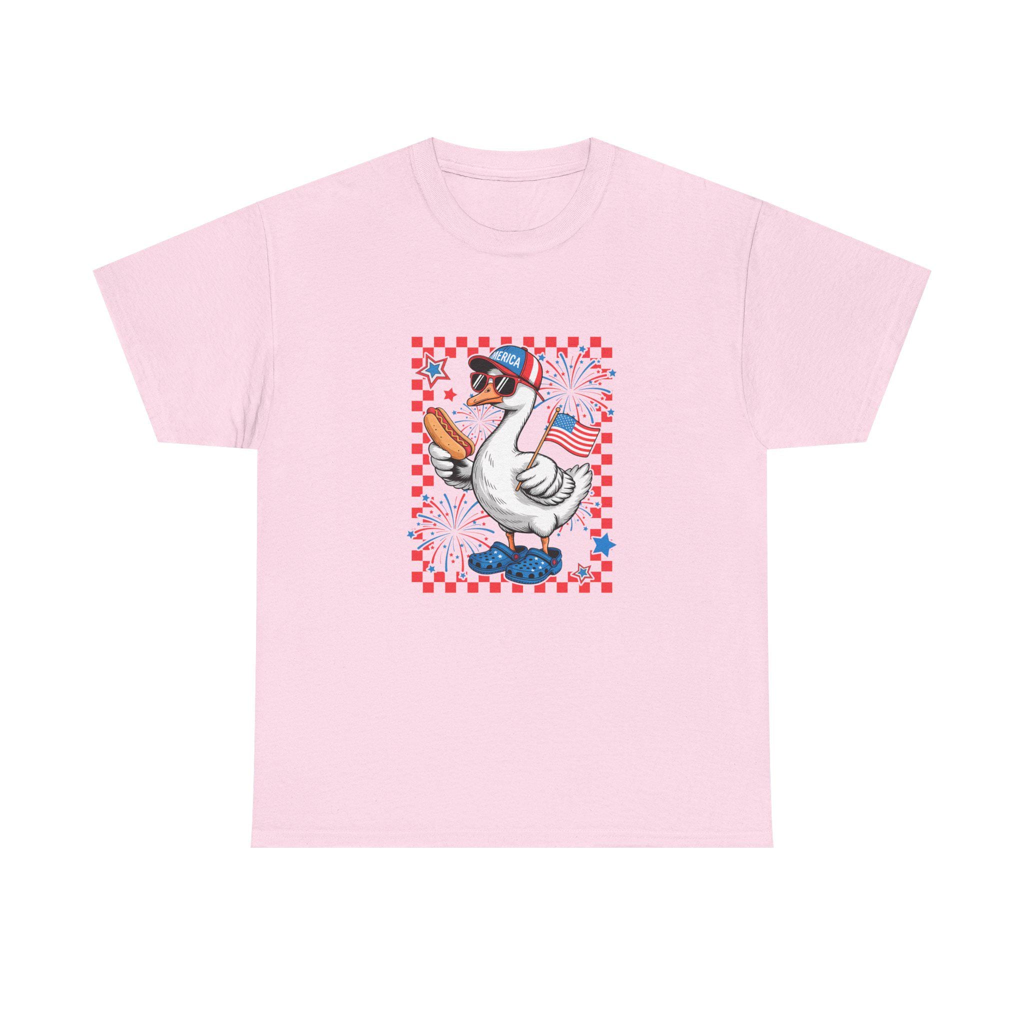 Patriotic Goose Holding Hotdog T-Shirt | American Flag Checkered Design