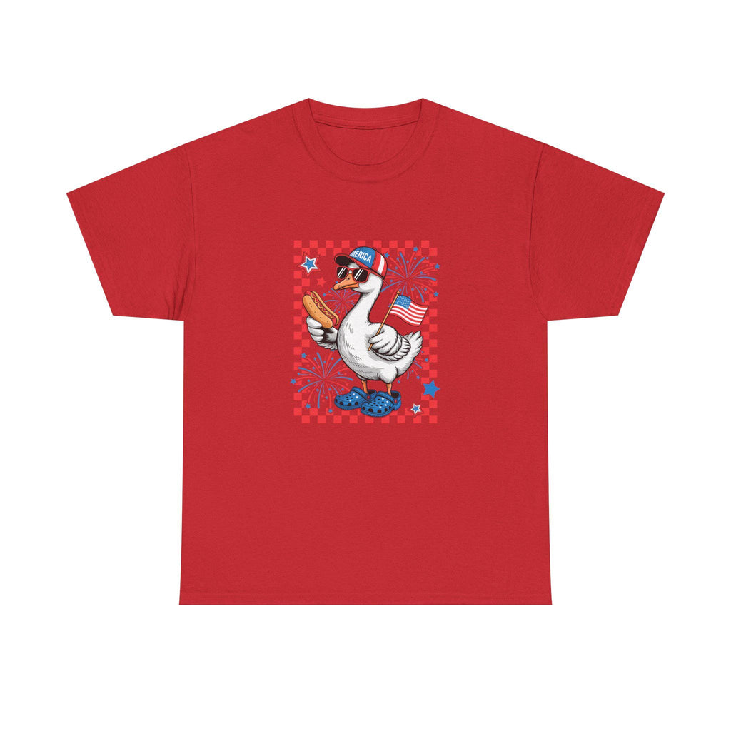 Patriotic Goose Holding Hotdog T-Shirt | American Flag Checkered Design