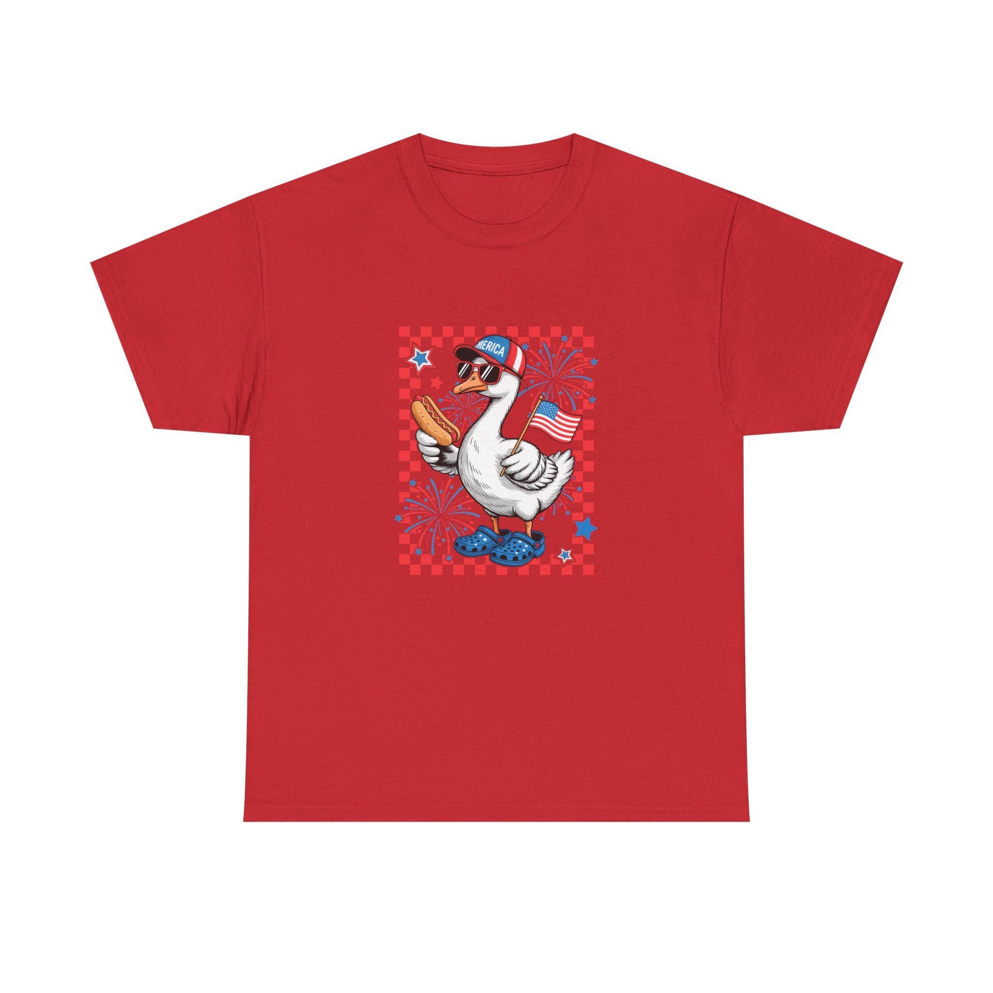 Patriotic Goose Holding Hotdog T-Shirt | American Flag Checkered Design