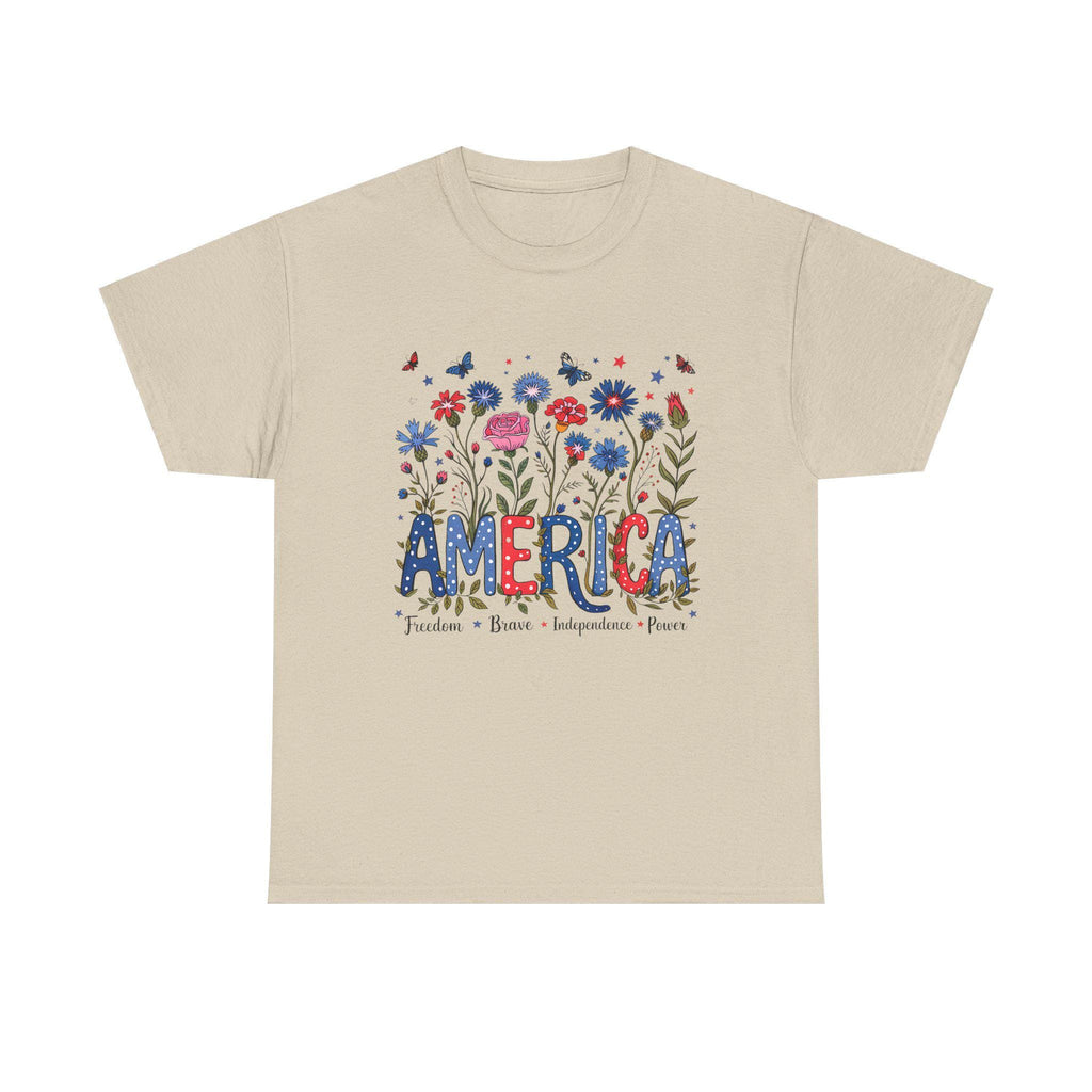 America floral patriotic T-Shirt | red blue flowers, freedom independence
