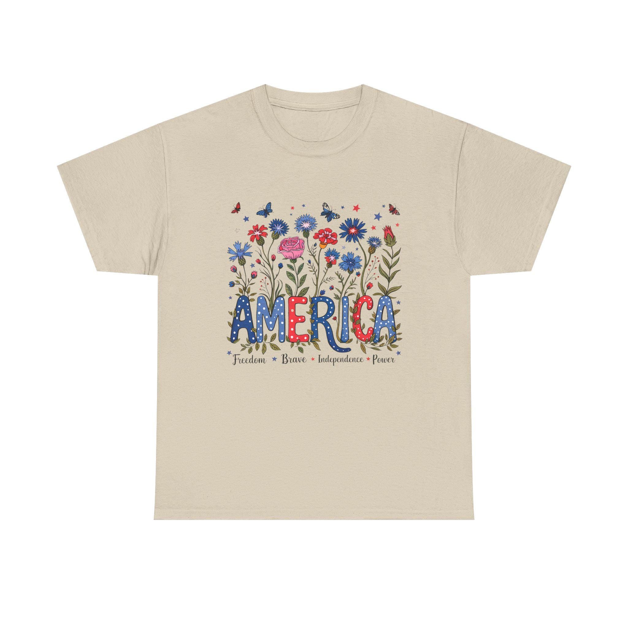 America floral patriotic T-Shirt | red blue flowers, freedom independence