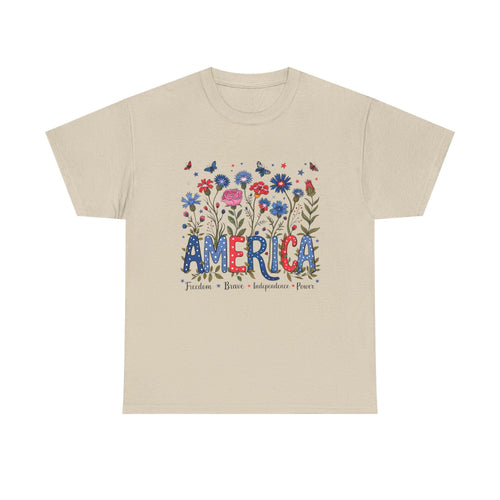 America floral patriotic T-Shirt | red blue flowers, freedom independence