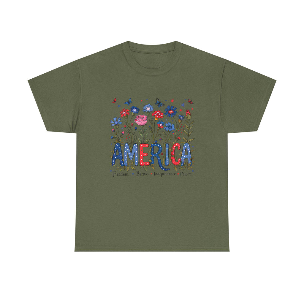 America floral patriotic T-Shirt | red blue flowers, freedom independence